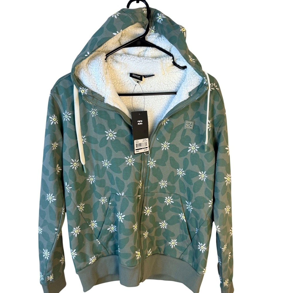 Billabong Womens Daisy Floral Sherpa Lined Zip Hoodie Light Olive OLBL067 S
